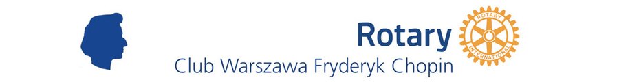 Znak klubu Rotary Club Warszawa Fryderyk Chopin: niebieski profil Fryderyka Chopina, napis „Rotary Club Warszawa Fryderyk Chopin” i koło Rotary International