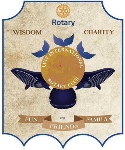 Emblemat klubu Rotary Club Lviv International: tarcza z napisami WISDOM i CHARITY, dwa granatowe wieloryby po bokach złotej mapy Europy z napisem „Lviv International Rotary Club”, niżej wstęga z napisami FUN, FRIENDS, FAMILY i rokiem 2016