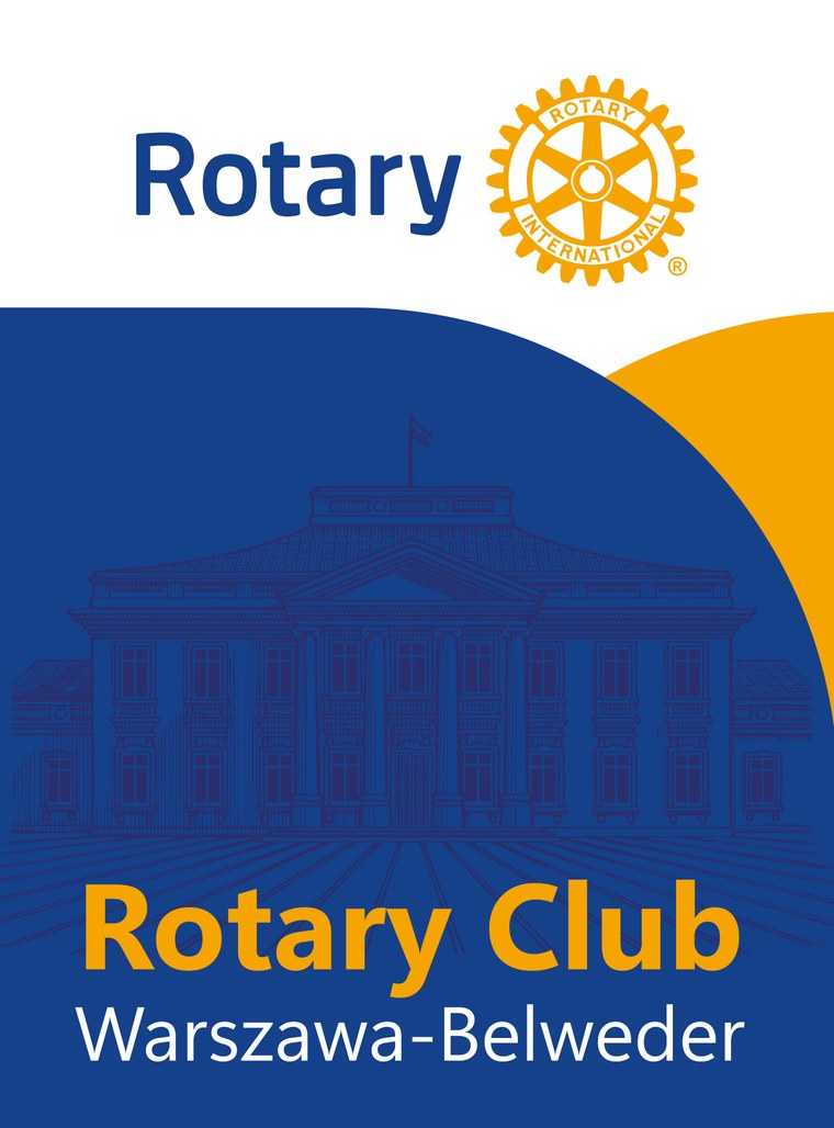 Proporczyk Rotary Club Warszawa-Belweder: u góry napis Rotary i złote koło Rotary International, niżej na granatowym tle rysunek Pałacu Belwederskiego, pod nim napisy „Rotary Club” i „Warszawa-Belweder”