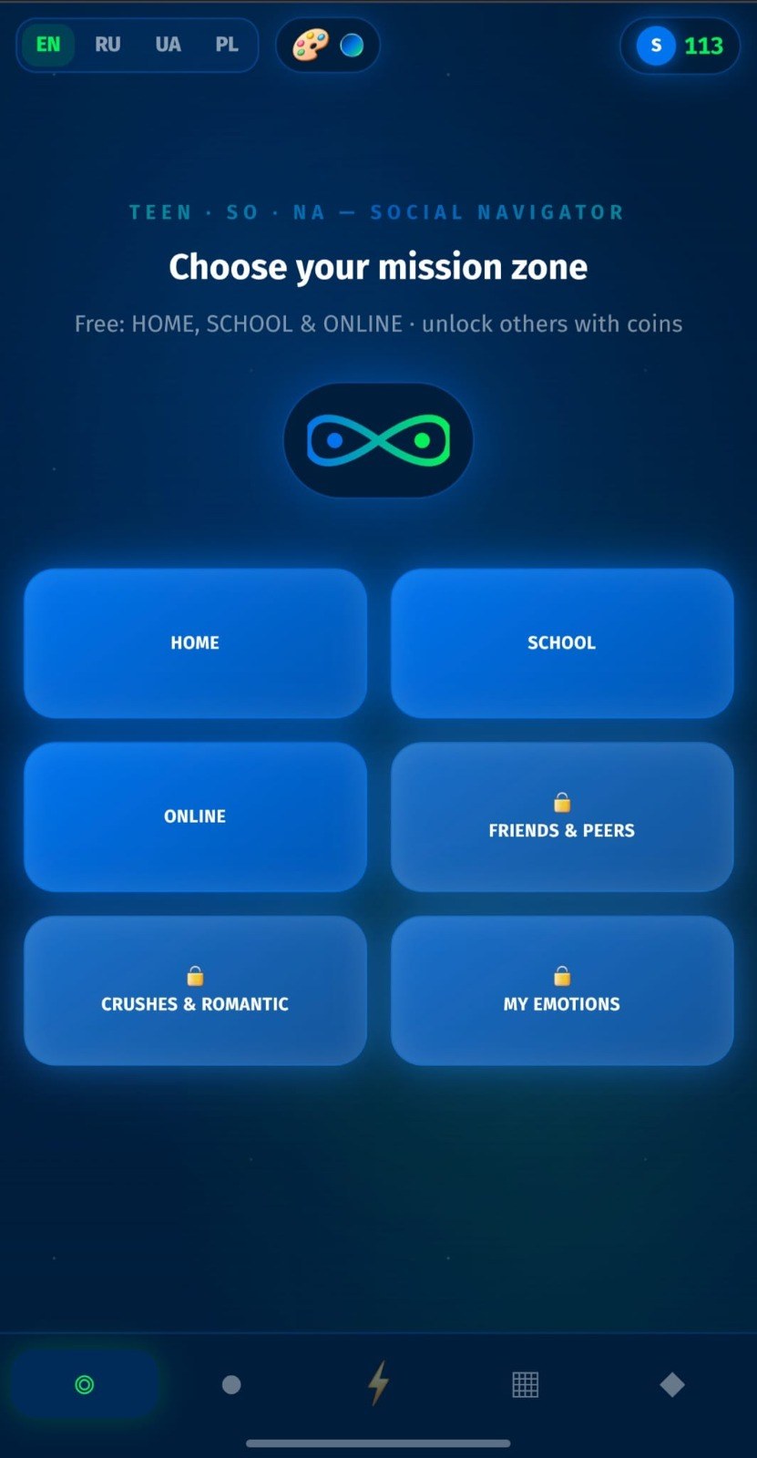 Ekran wyboru obszaru życia w aplikacji TeenSoNa